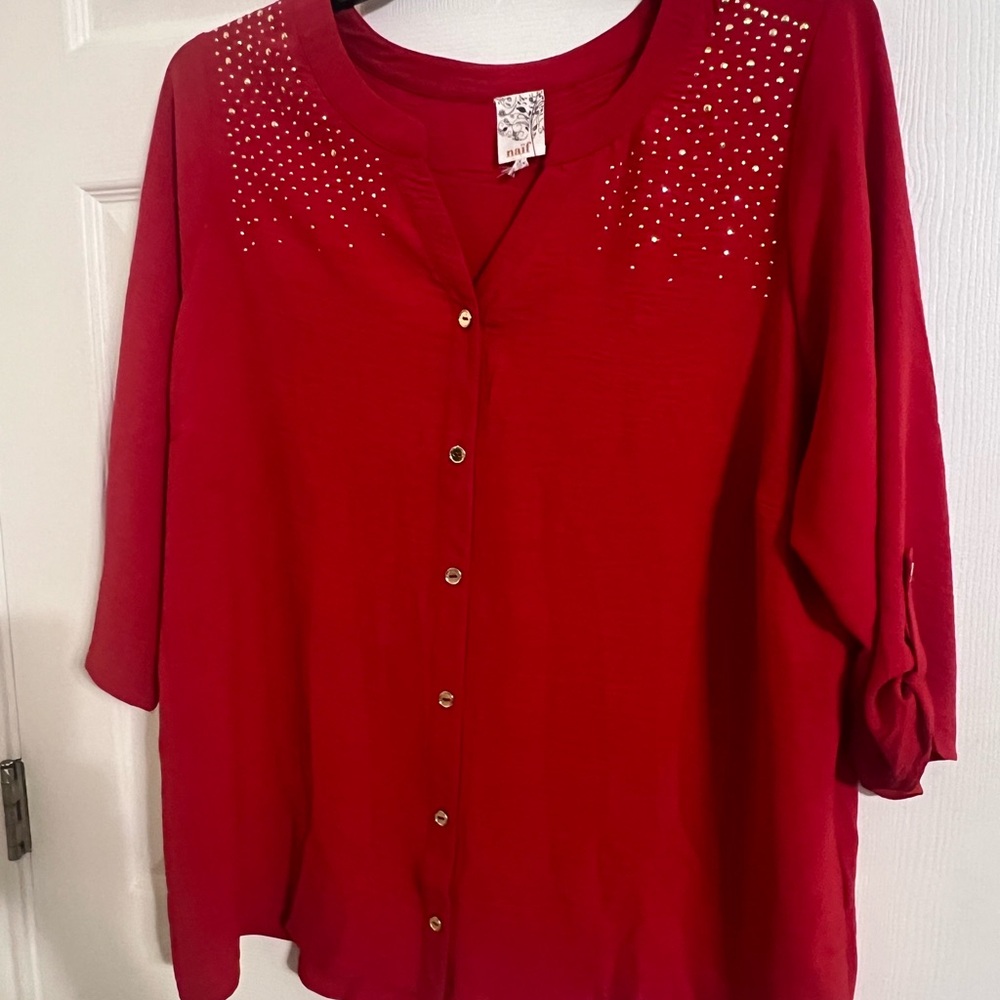 NAIF Red Women's Button-Down Shirt with Studded Detail